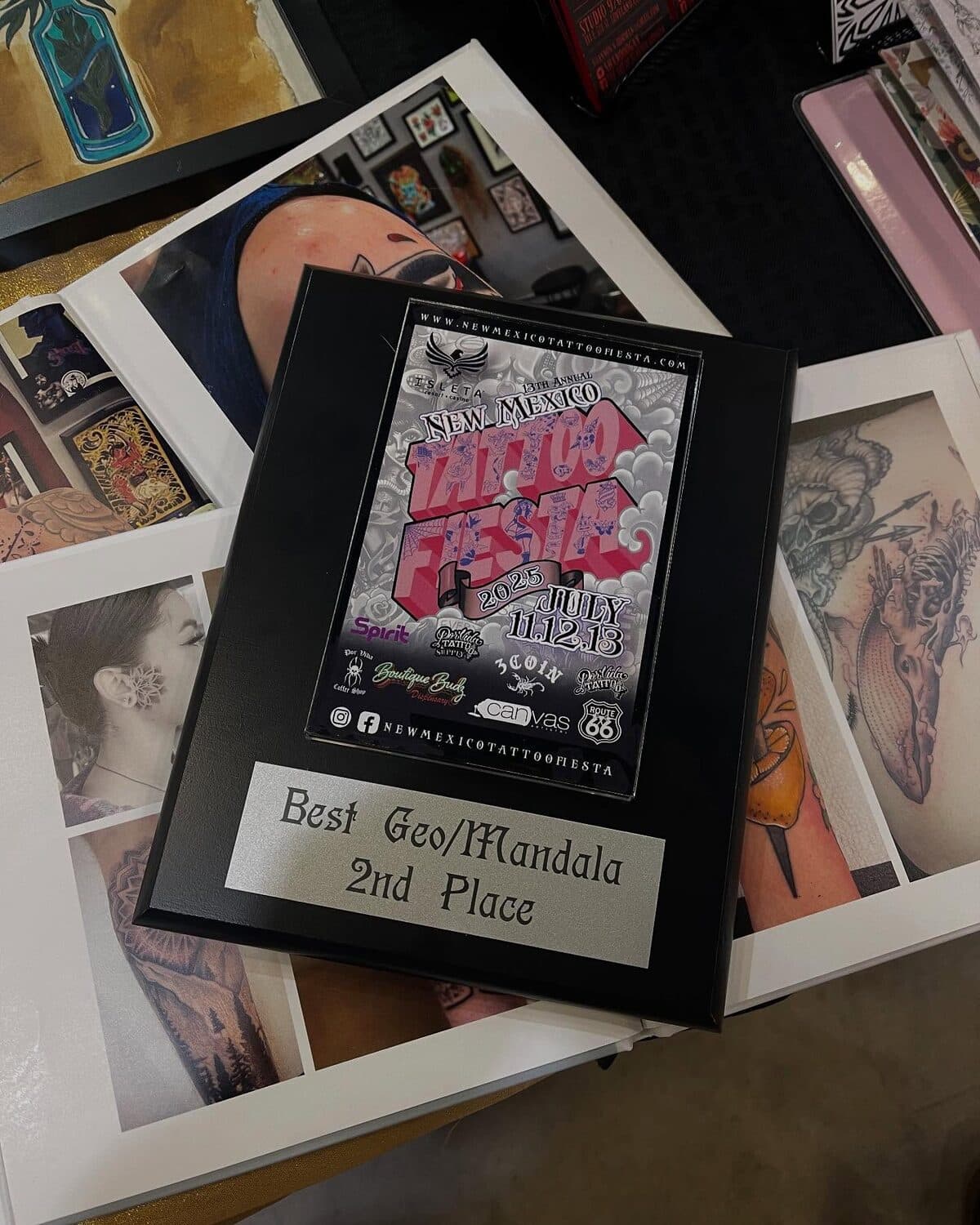 Framed Best Geo/Mandala award plaque from the New Mexico Tattoo Fiesta