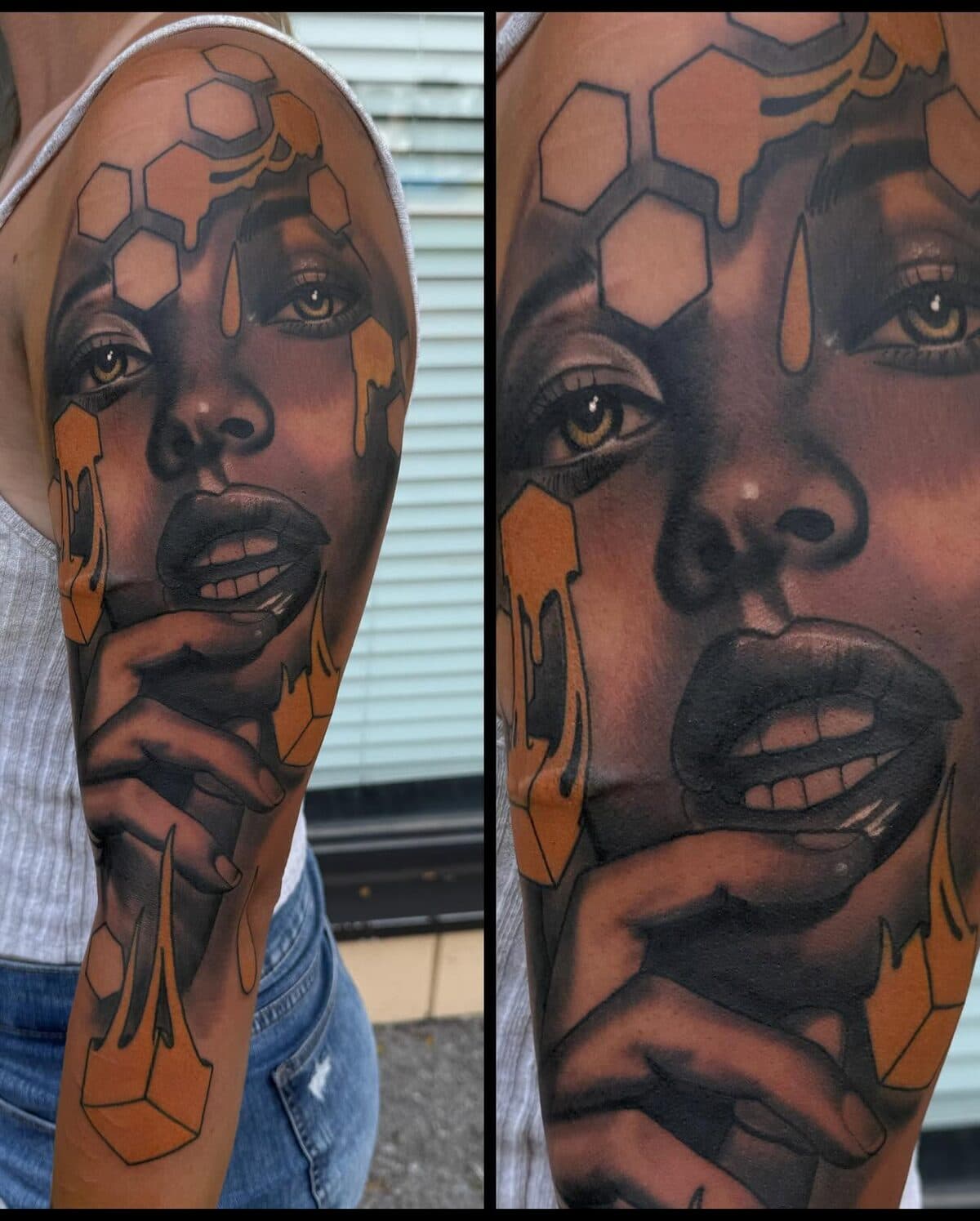Realist portrait tattoo with honeycomb details