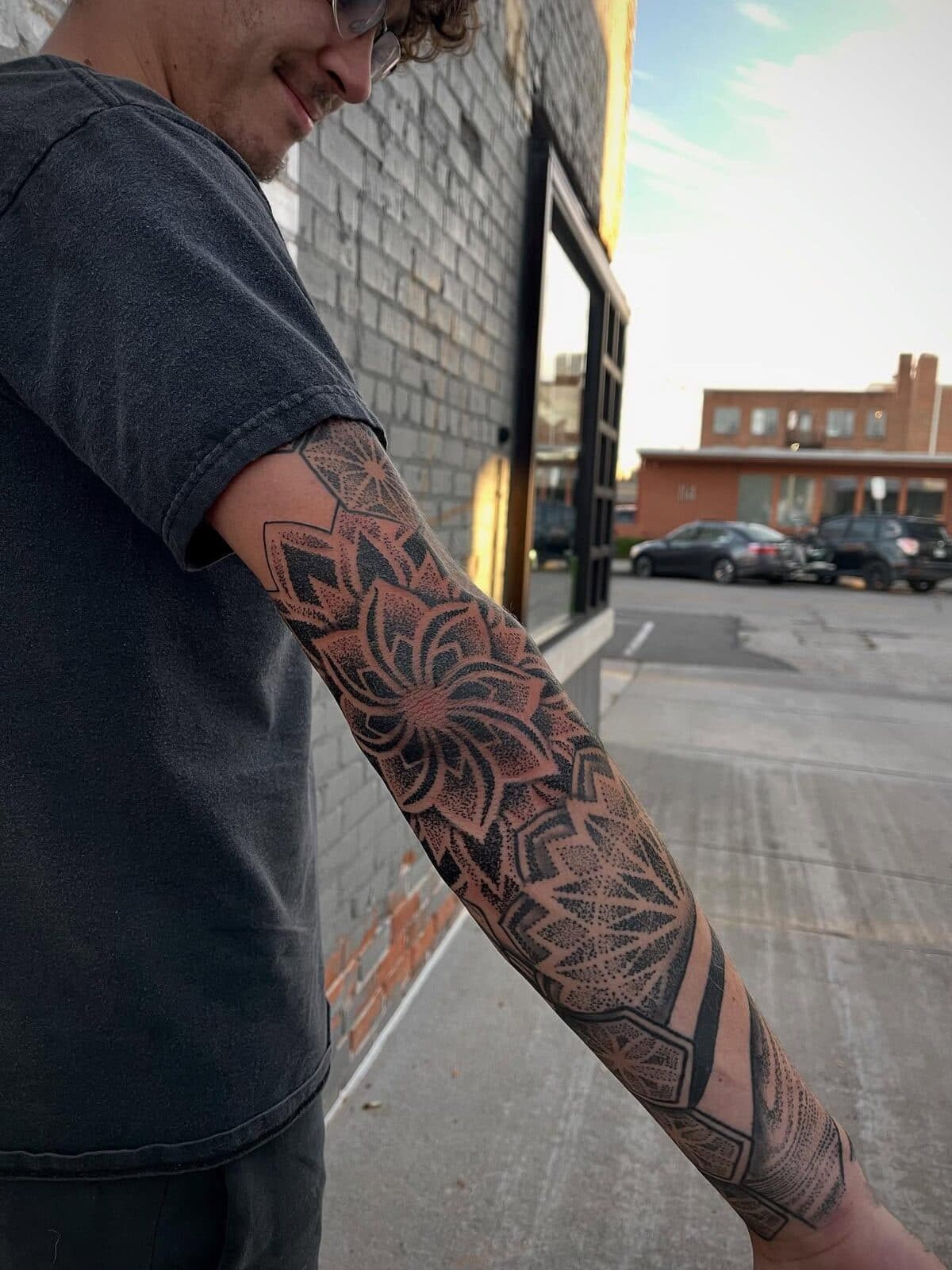Dotwork mandala sleeve, healed and photographed outdoors
