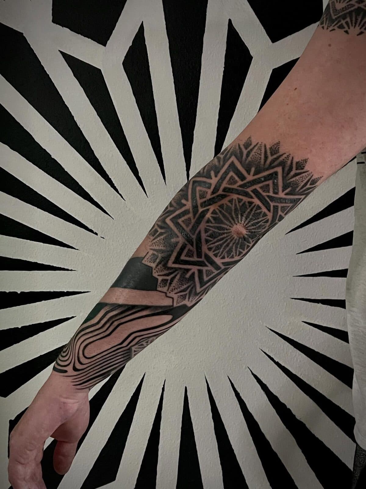 Black and grey geometric and organic line forearm tattoo
